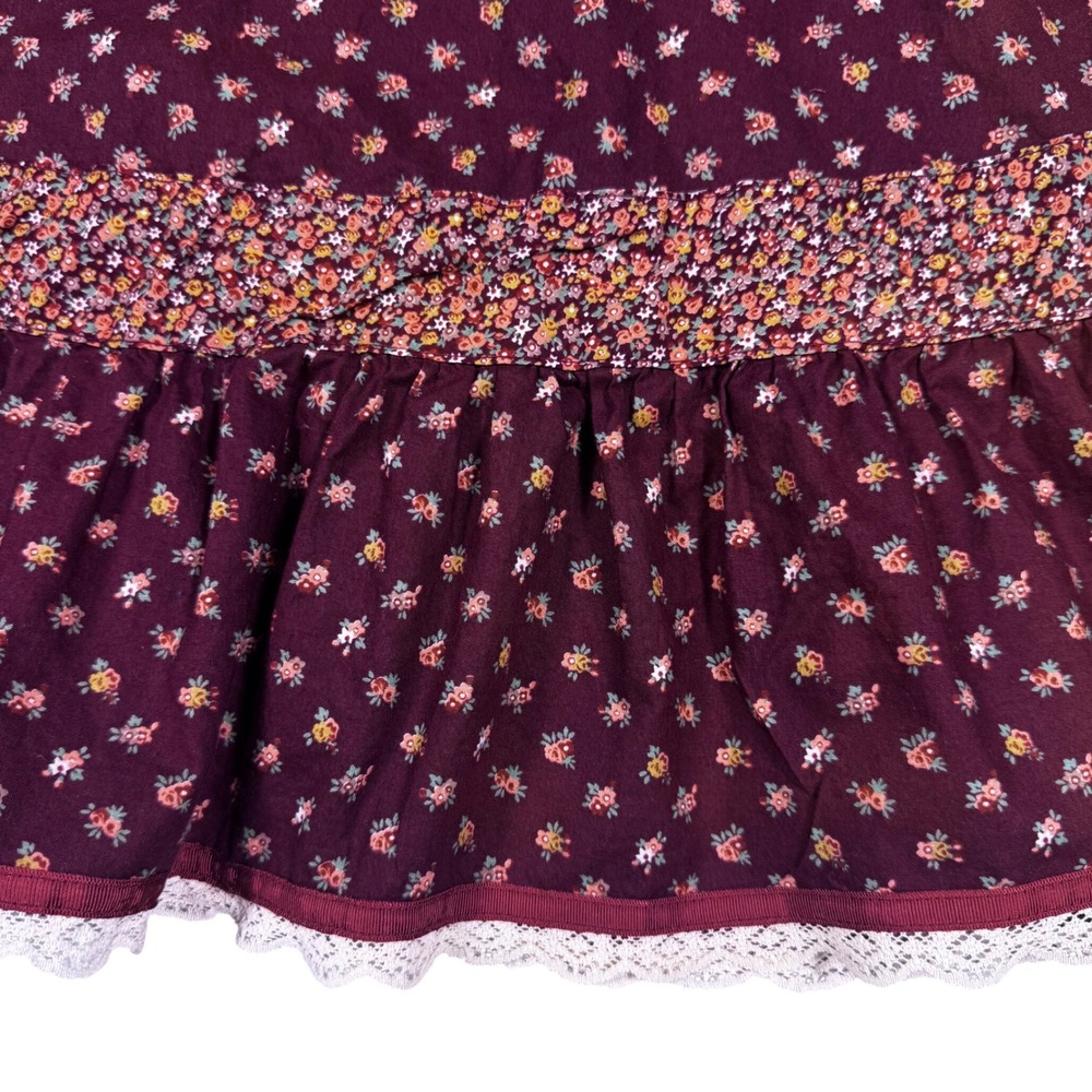 Vtg Sears Roebuck Prairie Dress Girls 12.5 Burgundy Floral Corset Lace Boho Folk - Picture 4 of 10